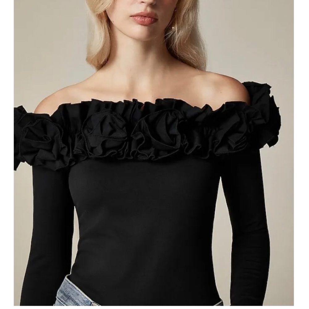 New with tags! J.Crew Off-Shoulder Black Rosette Top